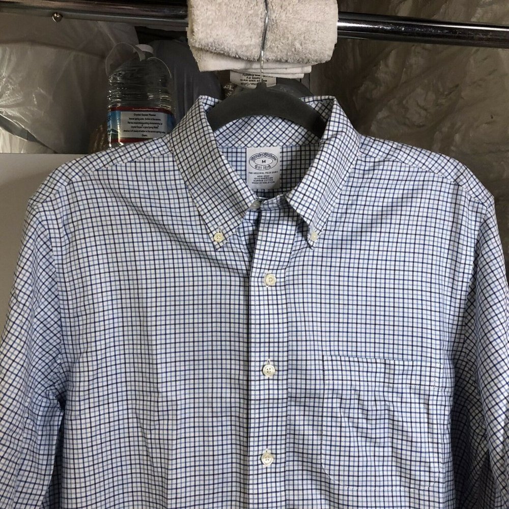 Brooks Brothers Mens Button Down Shirt M Blue Check Plaid Cotton Long Sleeve